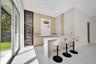 Built-in bar featuring wood-finish cabinetry, stone-surface countertops, integrated shelving, and vertical wood paneling, complemented by floor-to-cei