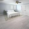 Wood-finish flooring, crown molding, brushed-metal ceiling fan, and double louvered doors