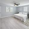 Wood-finish flooring, crown molding, plantation shutters, and a multi-blade ceiling fan with integrated lighting