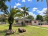 Single-story residence featuring a light-colored stucco exterior, decorative stone balustrade, mature palm trees, manicured lawn, and perimeter metal 