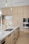 marble cladded bar with floating marble shelves with underlit led