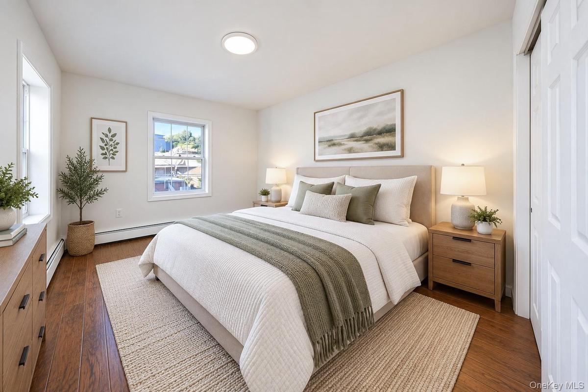Room featuring wood-finish flooring, dual-pane windows, neutral wall palette, and bi-fold closet doors