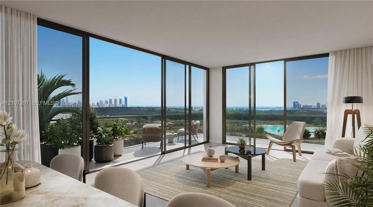 Floor-to-ceiling glass walls, expansive exterior terrace, and panoramic skyline and water scenery