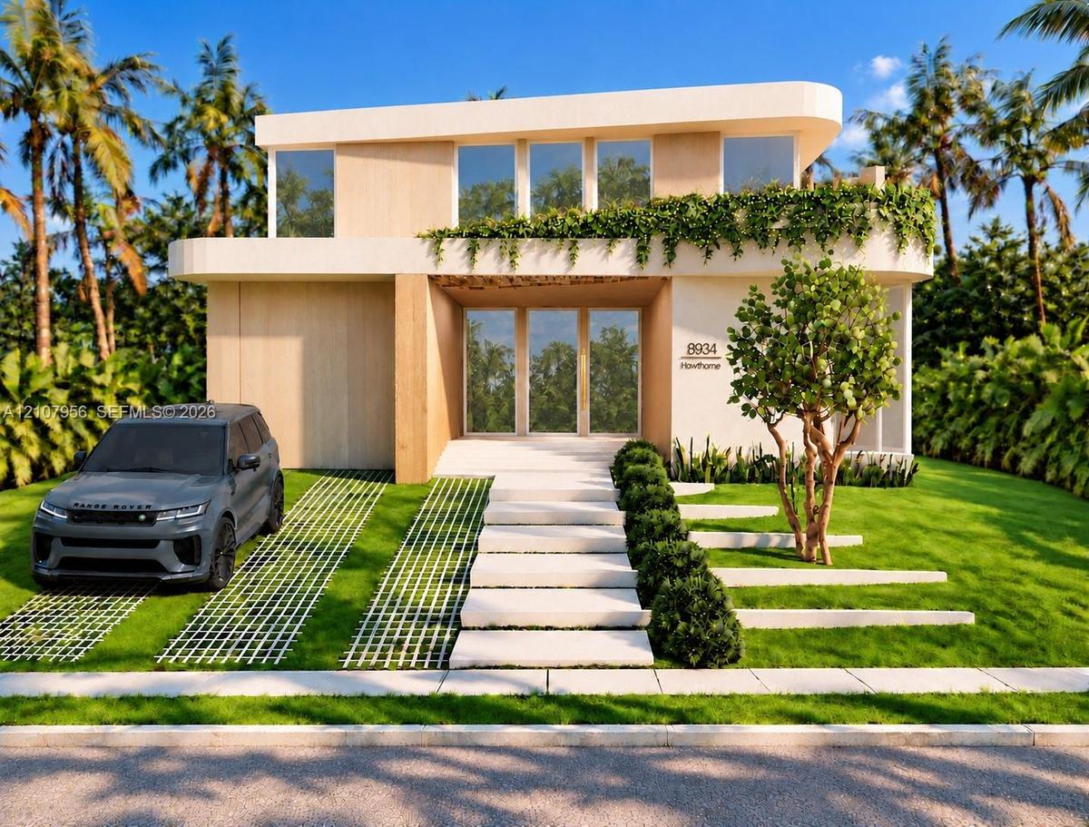 Modern two-story architectural exterior featuring smooth stucco cladding, natural wood-finish siding, integrated second-story greenery, floor-to-ceili