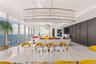 Expansive living area featuring floor-to-ceiling windows, an elongated crystal chandelier, high-gloss ceiling finish, and built-in dark wood-panel wal