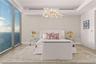 Floor-to-ceiling glass windows, custom tray ceiling, organic-inspired statement chandelier, and textured wall finish