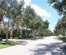 Streetscape featuring mature canopy trees, paved sidewalks, and lush landscaping