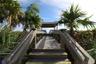 Elevated wooden boardwalk featuring handrails, flanked by mature palm trees and coastal vegetation, leading to a covered wooden pavilion