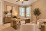 Room featuring wood-finish flooring, dual windows with plantation shutters, crown molding, and a central ceiling fan with integrated lighting
