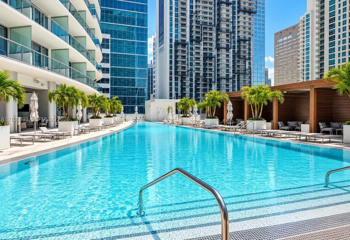 Expansive swimming pool featuring built-in steps, metal handrails, surrounding tile decking, and wood-slatted cabana structures