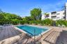 Rectangular swimming pool featuring a brick-paver deck and surrounding lush greenery