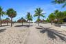 Sandy grounds featuring a central brick paver walkway, multiple thatched-roof palapas, and mature palm trees
