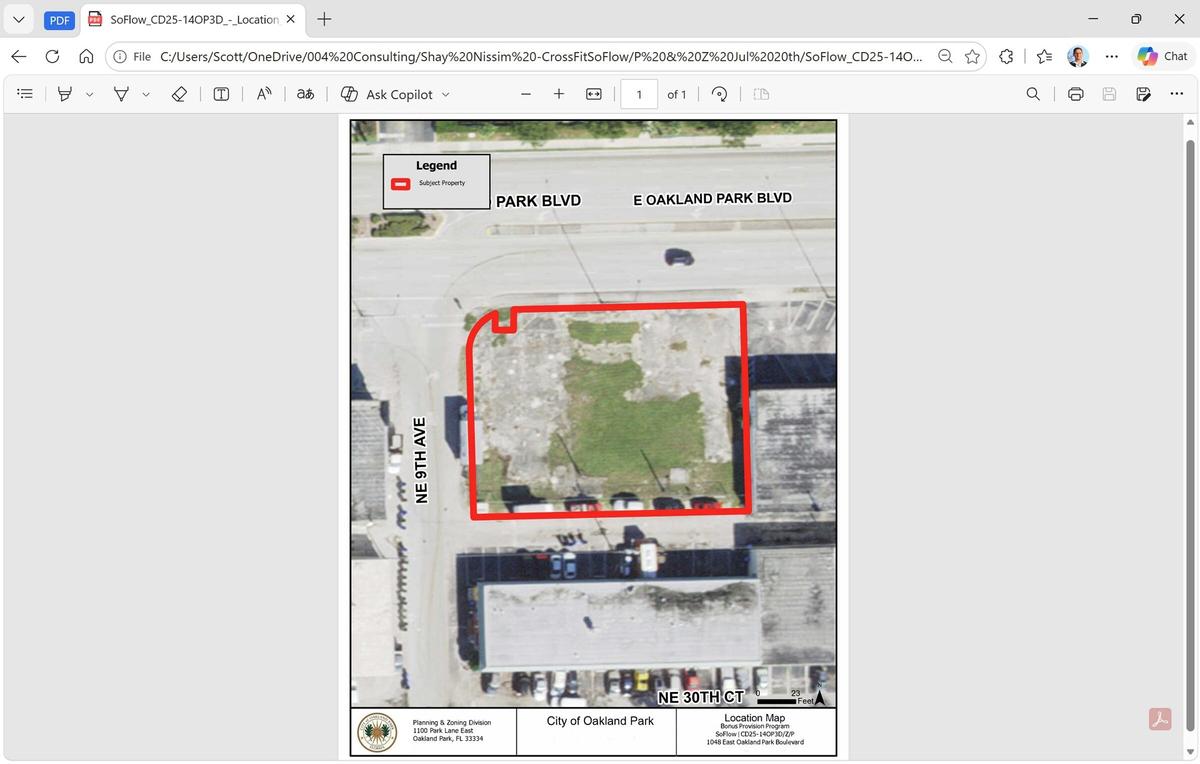 Aerial parcel view illustrating the site's configuration and frontage along E Oakland Park Blvd and NE 9th Ave.