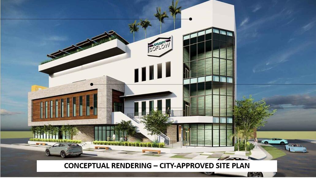 Conceptual rendering of the four-story commercial health/fitness and retail project associated with the City-approved site plan.