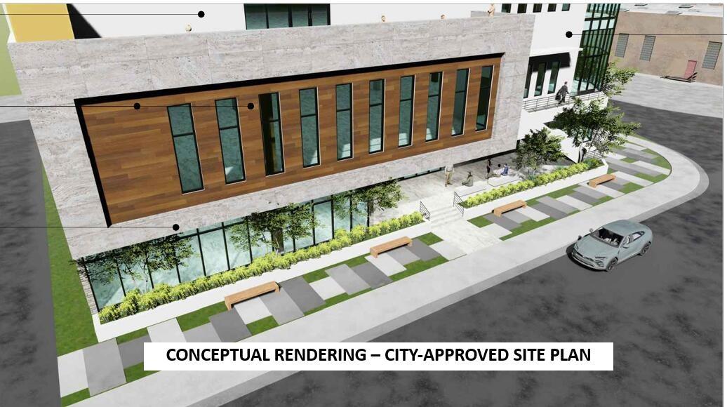 Conceptual rendering illustrating the proposed building frontage, architectural design and pedestrian improvements.