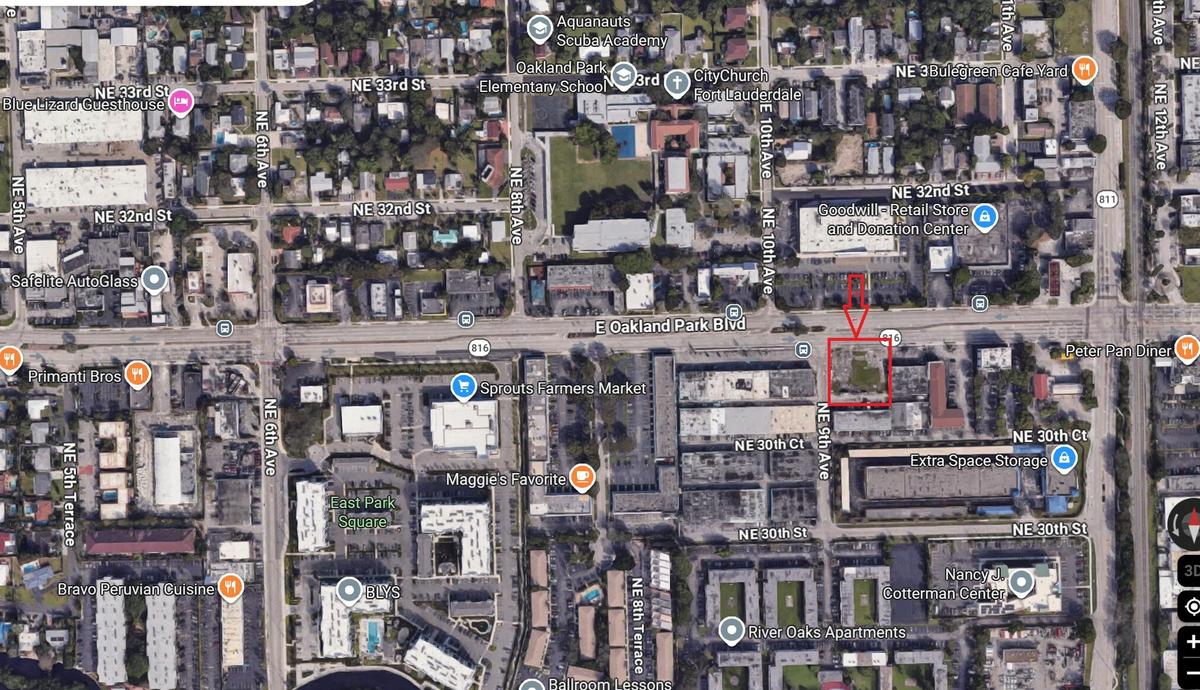 Aerial view highlighting the subject property along E Oakland Park Blvd, west of Dixie Hwy.