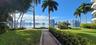 Waterfront grounds featuring mature palm trees, manicured lawns, paved walkways, and building structure with balconies