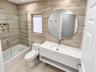 Full-wall wood-finish tile cladding, floating vanity with integrated rectangular basin, frameless glass shower enclosure featuring a built-in recessed