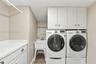 Laundry room featuring white cabinetry, a utility sink, countertop workspace, and overhead storage
