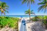 Private sandy beach access featuring a synthetic pathway, native coastal vegetation, and palm trees