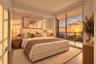 Full-height glass sliding doors, a recessed ceiling, a wood-finish nightstand, and a matching wood-finish dresser