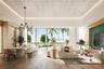 Open-concept living space featuring wood-finish flooring, a linear slatted wood ceiling with recessed cove lighting, floor-to-ceiling glass wall, and 