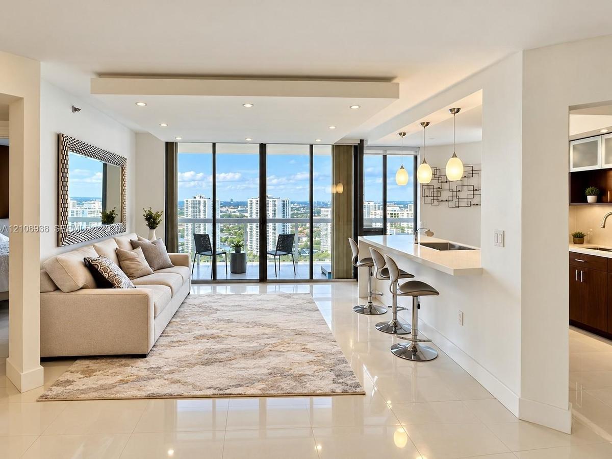 Open-concept space featuring floor-to-ceiling windows, polished tile flooring, a tiered tray ceiling with recessed lighting, and a breakfast bar with 