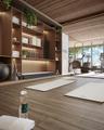 Yoga Studio with Floor-to-ceiling custom wood shelving with integrated LED lighting, linear wood-slat ceiling, wood-finish flooring, and expansive flo