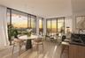 Floor-to-ceiling windows, open balcony access, neutral stone-finish flooring, modern linear pendant lighting, and kitchen with dark-toned cabinetry an