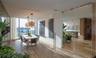Expansive wood-finish flooring, full-height windows, a contemporary chandelier, and clear glass double doors