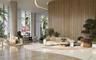 Grand entrance featuring floor-to-ceiling windows, curved wood-paneled walls, stone flooring, and recessed ceiling lighting
