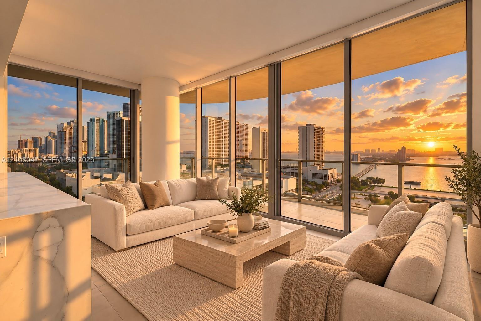 Expansive floor-to-ceiling windows, city and water views, light wood-finish flooring, and roller shades