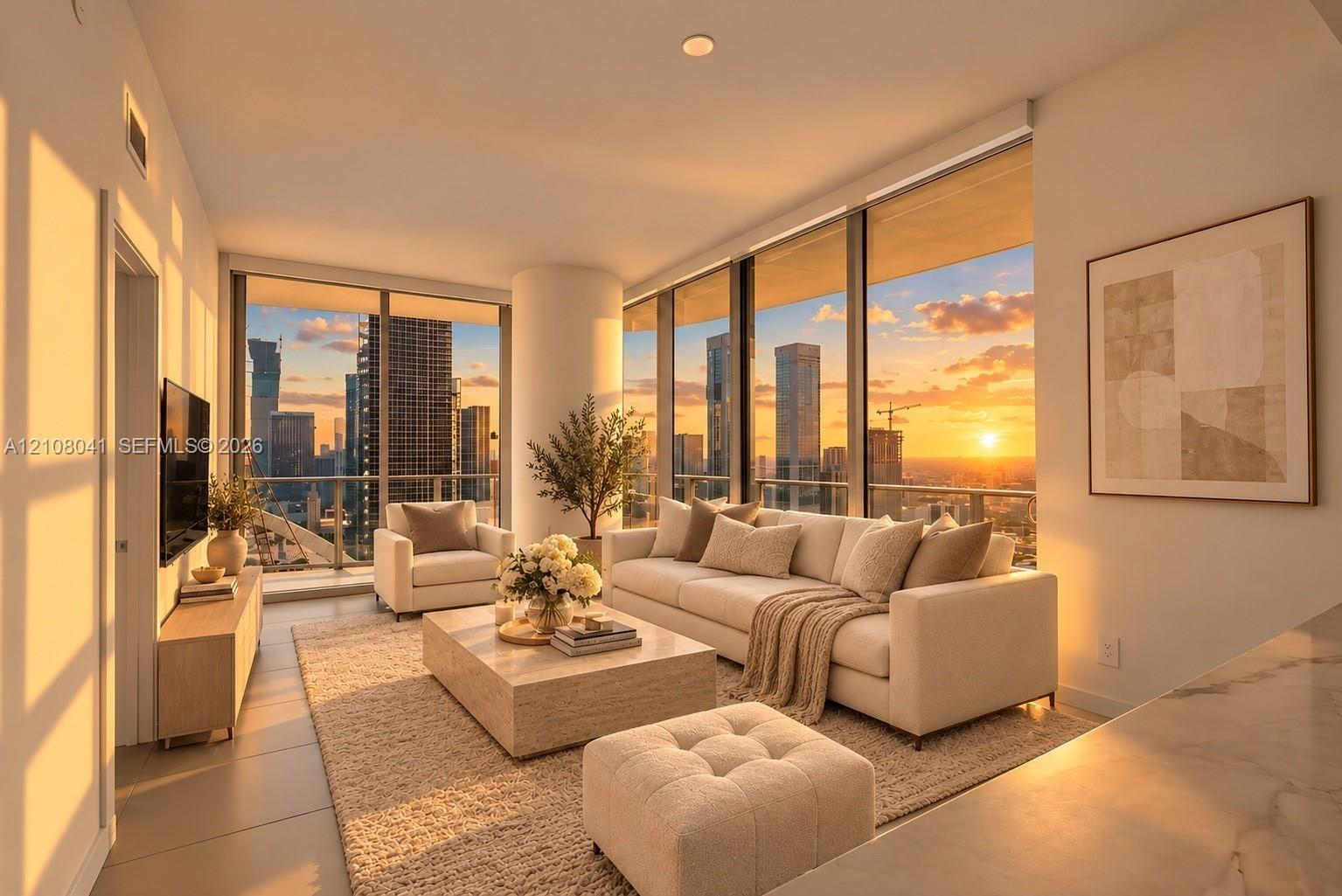 Expansive floor-to-ceiling windows, cityscape scenery, recessed lighting, and a smooth ceiling finish