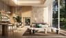 Double-height ceilings with recessed cove lighting, floor-to-ceiling windows, wood-finish flooring, textured stone accent wall, and integrated open sh