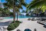 Expansive poolside area with a large swimming pool, surrounded by mature palm trees and lush landscaping