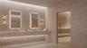 Full-width stone vanity featuring dual integrated sinks, rectangular back-lit mirrors, wall-mounted metallic fixtures, and a built-in sauna with a gla