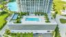 Elevated deck featuring a swimming pool, tennis court, landscaped planters with palm trees, and structural screening