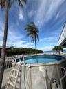 Above-ground pool with a metal ladder and exterior filtration system, situated within a coastal landscape featuring palm trees and direct water fronta