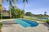In-ground swimming pool featuring a paver patio, metal perimeter fencing, and mature palm landscaping