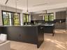 Kitchen featuring matte dark cabinetry, wood-finish flooring, a stainless steel range hood, glass pendant lighting, and a kitchen island with a dark c