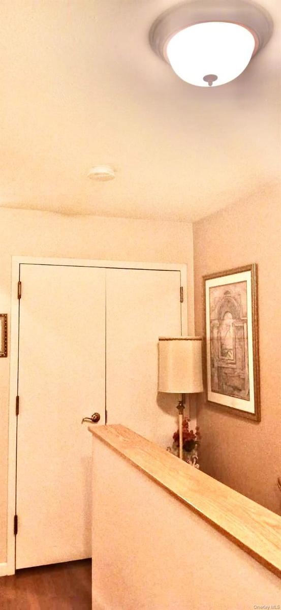 Double-door closet with metallic hardware, integrated ceiling-mounted light fixture, and wooden banister