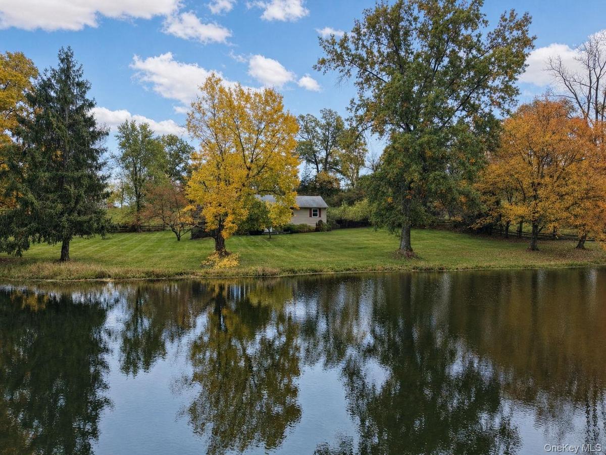Expansive waterfront property featuring a manicured lawn, mature deciduous and coniferous trees, and direct access to a private pond
