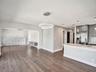 Open-concept interior featuring wood-finish flooring, a modern dual-ring pendant light fixture, cabinetry with stone countertops, and a decorative til