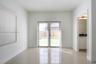 Neutral-toned tile flooring, white walls, horizontal window blinds, and glass-paneled double doors