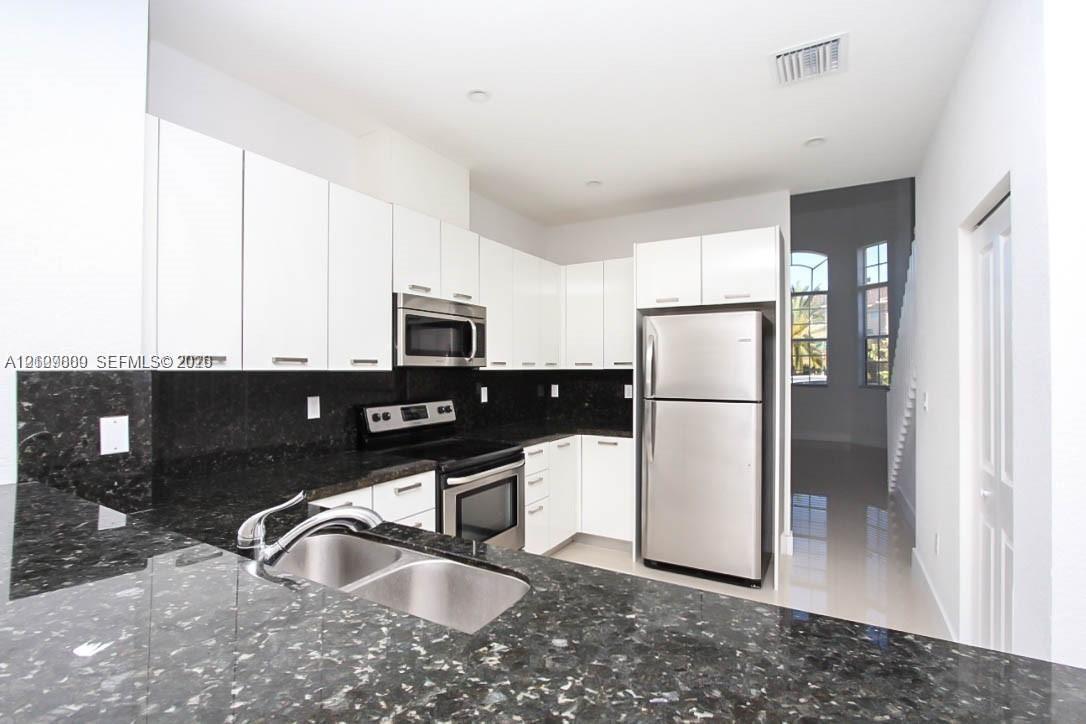 Kitchen featuring white cabinetry, dark stone countertops, stainless steel appliances, and a dual-basin undermount sink
