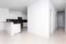 Kitchen featuring white flat-panel cabinetry, dark stone countertops, stainless steel appliances, and tile flooring