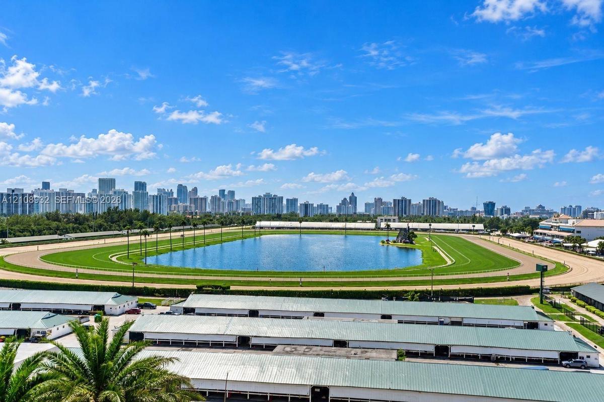 Panoramic skyline outlook featuring a sprawling racetrack, central lake, and lush green grounds