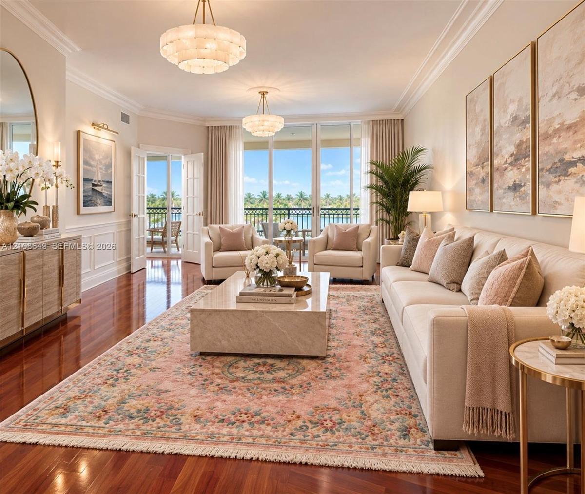 Polished hardwood flooring, crown molding, wainscoting, dual tiered crystal chandeliers, and glass paneled french doors leading to a covered balcony