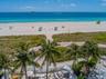 Direct oceanfront exposure featuring expansive sandy beach access, mature palm trees, lush dune landscaping, and a paved pedestrian pathway