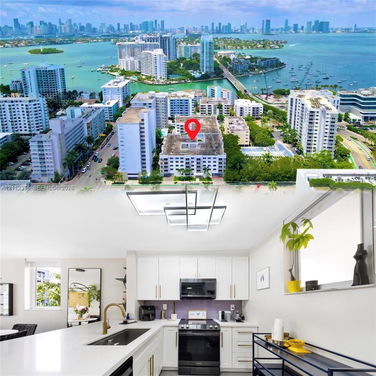 Aerial perspective featuring a mid-rise residential structure in a coastal urban setting, complemented by a kitchen interior with white shaker-style c